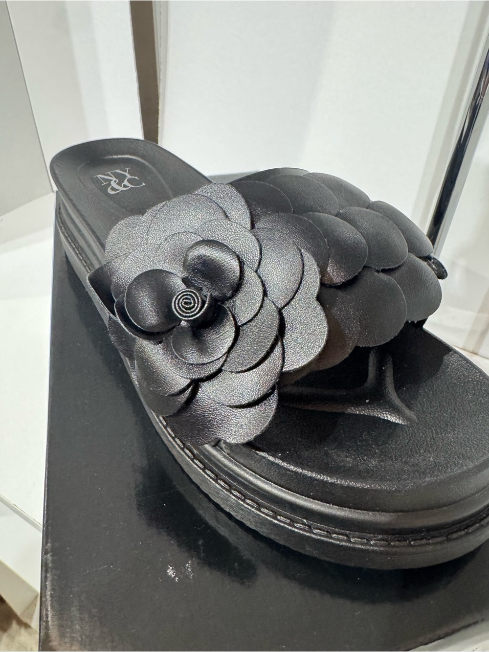 New York & Company Black Floral Slide Sandals with Petal Applique